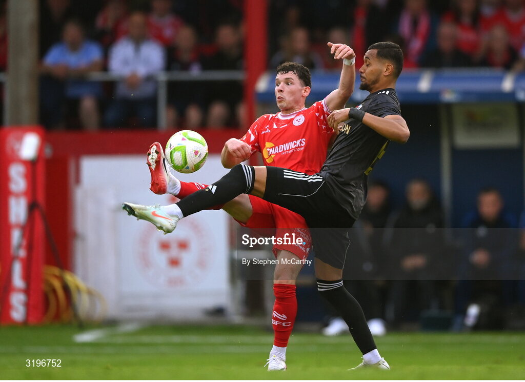 23 July 2025; Ali Coote of Shelbourne in action against Dani Bolt of Qarabag during the UEFA Champions League Second Qualifying Round first leg match between Shelbourne and Qarabag FK at Tolka Park in Dublin. Photo by Stephen McCarthy/Sportsfile