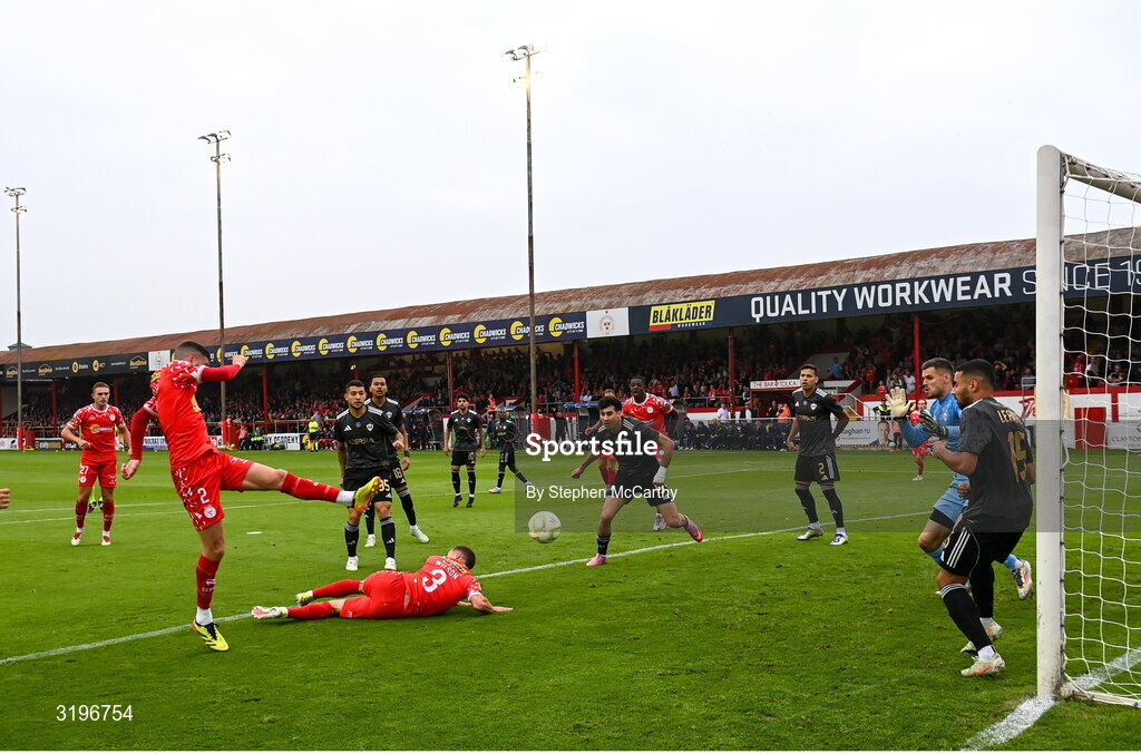 23 July 2025; Sean Gannon of Shelbourne has a shot on goal during the UEFA Champions League Second Qualifying Round first leg match between Shelbourne and Qarabag FK at Tolka Park in Dublin. Photo by Stephen McCarthy/Sportsfile
