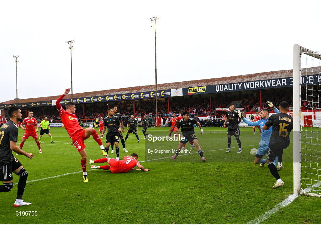23 July 2025; Sean Gannon of Shelbourne has a shot on goal during the UEFA Champions League Second Qualifying Round first leg match between Shelbourne and Qarabag FK at Tolka Park in Dublin. Photo by Stephen McCarthy/Sportsfile