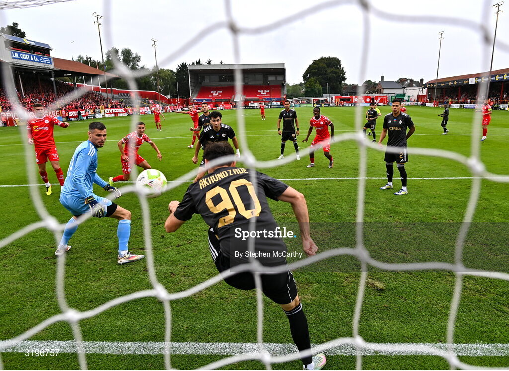 23 July 2025; Nariman Akhundzade of Qarabag, 90, clears the ball off the goal line following a shot from Sean Gannon of Shelbourne during the UEFA Champions League Second Qualifying Round first leg match between Shelbourne and Qarabag FK at Tolka Park in Dublin. Photo by Stephen McCarthy/Sportsfile
