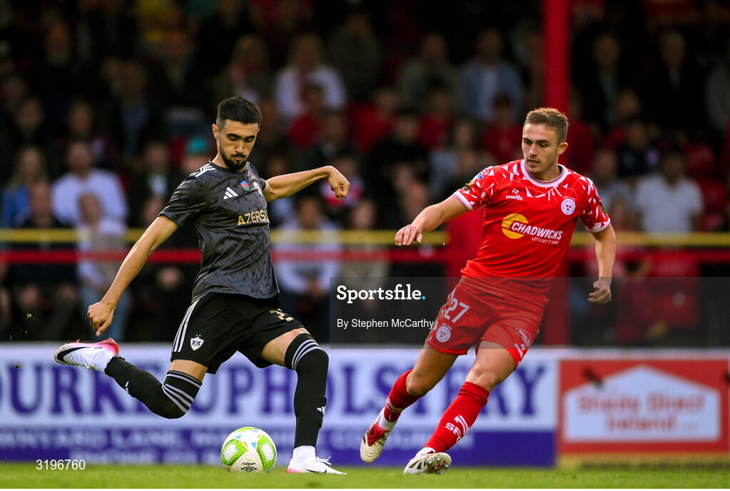 23 July 2025; Tural Bayramov of Qarabag in action against Evan Caffrey of Shelbourne during the UEFA Champions League Second Qualifying Round first leg match between Shelbourne and Qarabag FK at Tolka Park in Dublin. Photo by Stephen McCarthy/Sportsfile