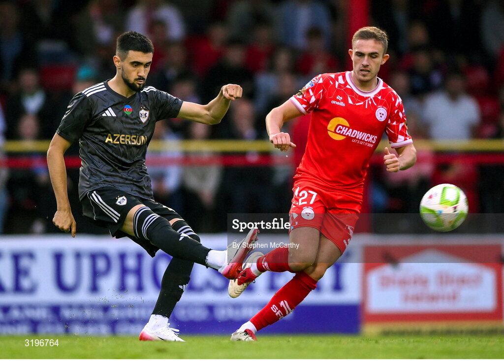 23 July 2025; Tural Bayramov of Qarabag in action against Evan Caffrey of Shelbourne during the UEFA Champions League Second Qualifying Round first leg match between Shelbourne and Qarabag FK at Tolka Park in Dublin. Photo by Stephen McCarthy/Sportsfile