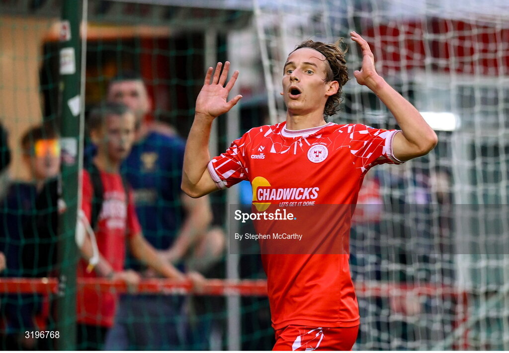 23 July 2025; Harry Wood of Shelbourne reacts to a missed goal chance during the UEFA Champions League Second Qualifying Round first leg match between Shelbourne and Qarabag FK at Tolka Park in Dublin. Photo by Stephen McCarthy/Sportsfile
