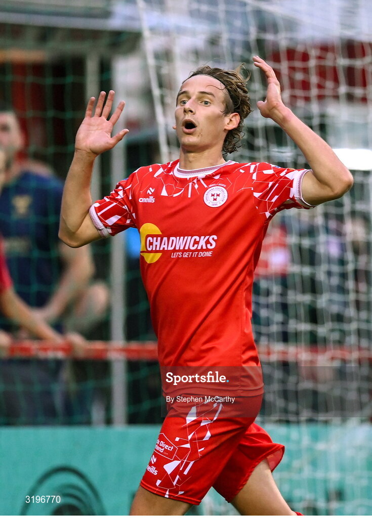23 July 2025; Harry Wood of Shelbourne reacts to a missed goal chance during the UEFA Champions League Second Qualifying Round first leg match between Shelbourne and Qarabag FK at Tolka Park in Dublin. Photo by Stephen McCarthy/Sportsfile