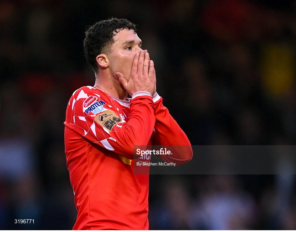 23 July 2025; Ali Coote of Shelbourne reacts to a missed goal chance during the UEFA Champions League Second Qualifying Round first leg match between Shelbourne and Qarabag FK at Tolka Park in Dublin. Photo by Stephen McCarthy/Sportsfile