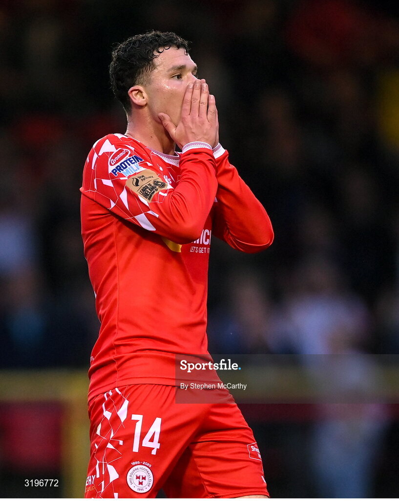 23 July 2025; Ali Coote of Shelbourne reacts to a missed goal chance during the UEFA Champions League Second Qualifying Round first leg match between Shelbourne and Qarabag FK at Tolka Park in Dublin. Photo by Stephen McCarthy/Sportsfile