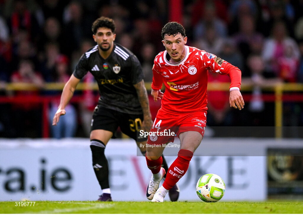 23 July 2025; Ali Coote of Shelbourne in action against Kady of Qarabag during the UEFA Champions League Second Qualifying Round first leg match between Shelbourne and Qarabag FK at Tolka Park in Dublin. Photo by Stephen McCarthy/Sportsfile