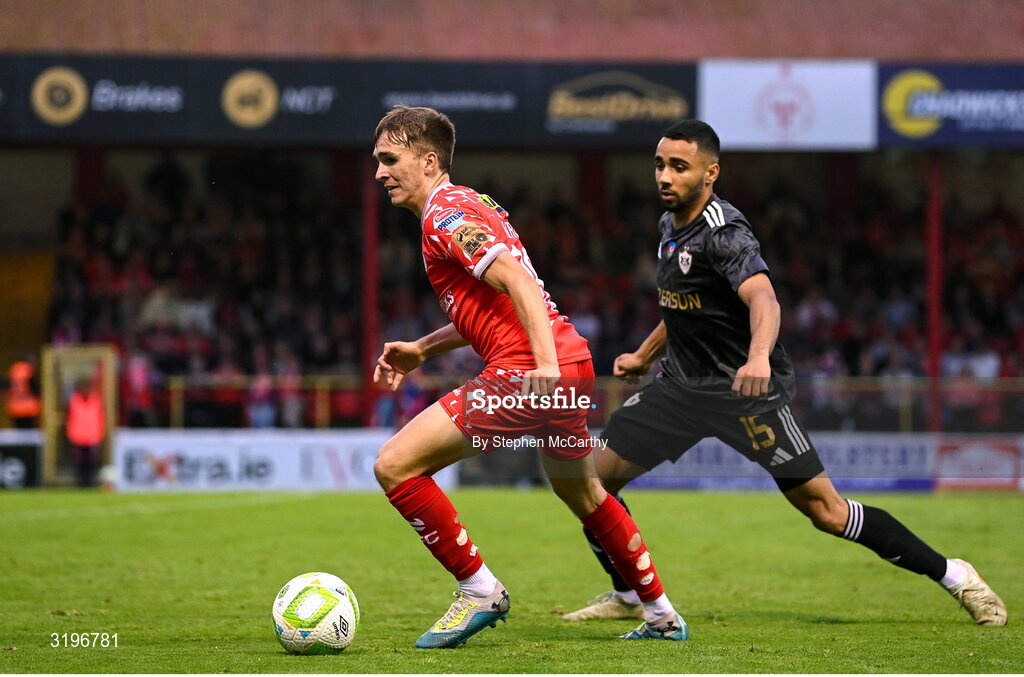 23 July 2025; James Norris of Shelbourne in action against Leandro Andrade of Qarabag during the UEFA Champions League Second Qualifying Round first leg match between Shelbourne and Qarabag FK at Tolka Park in Dublin. Photo by Stephen McCarthy/Sportsfile