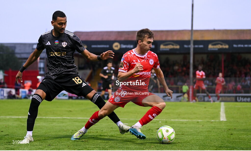 23 July 2025; James Norris of Shelbourne in action against Dani Bolt of Qarabag during the UEFA Champions League Second Qualifying Round first leg match between Shelbourne and Qarabag FK at Tolka Park in Dublin. Photo by Stephen McCarthy/Sportsfile