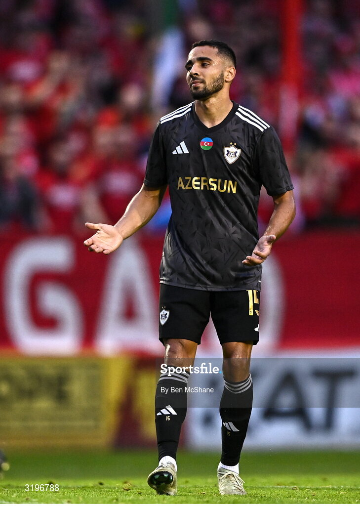 23 July 2025; Leandro Andrade of Qarabag reacts to a missed goal chance during the UEFA Champions League Second Qualifying Round first leg match between Shelbourne and Qarabag FK at Tolka Park in Dublin. Photo by Ben McShane/Sportsfile