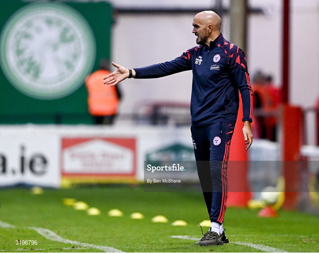 23 July 2025; Shelbourne head coach Joey O'Brien during the UEFA Champions League Second Qualifying Round first leg match between Shelbourne and Qarabag FK at Tolka Park in Dublin. Photo by Ben McShane/Sportsfile