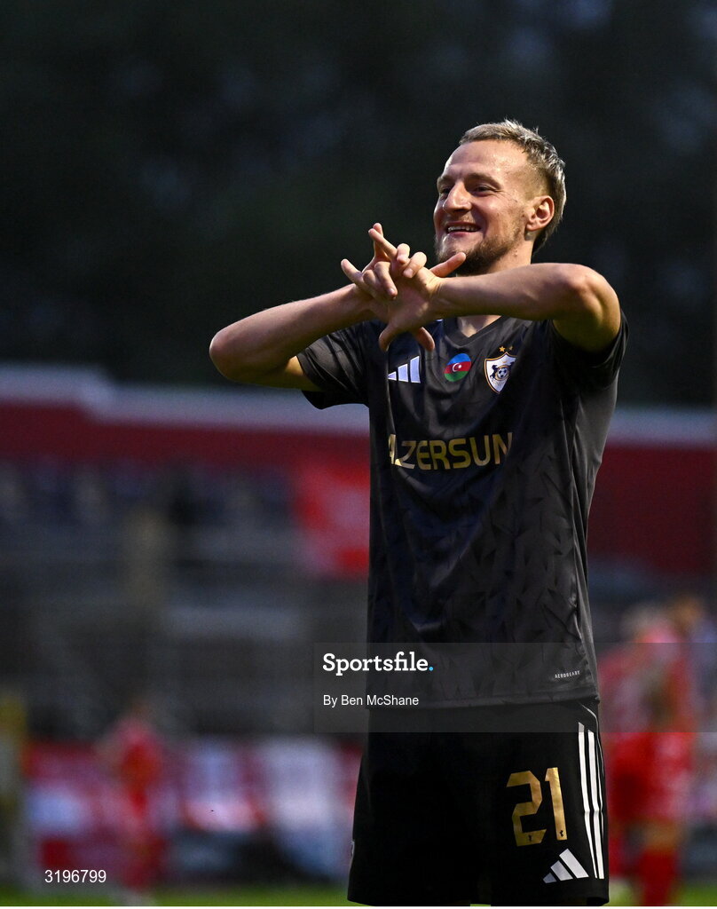 23 July 2025; Olexiy Kashchuk of Qarabag celebrates after scoring his side's second goal during the UEFA Champions League Second Qualifying Round first leg match between Shelbourne and Qarabag FK at Tolka Park in Dublin. Photo by Ben McShane/Sportsfile