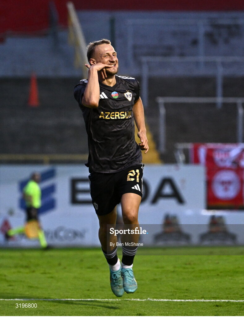 23 July 2025; Olexiy Kashchuk of Qarabag celebrates after scoring his side's second goal during the UEFA Champions League Second Qualifying Round first leg match between Shelbourne and Qarabag FK at Tolka Park in Dublin. Photo by Ben McShane/Sportsfile