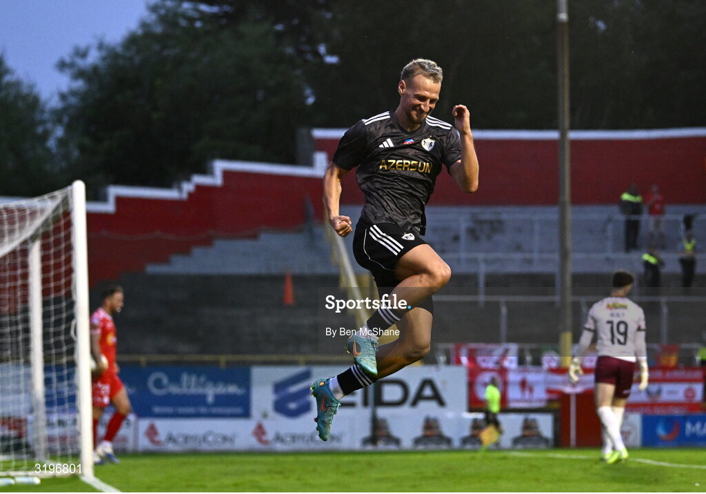 23 July 2025; Olexiy Kashchuk of Qarabag celebrates after scoring his side's second goal during the UEFA Champions League Second Qualifying Round first leg match between Shelbourne and Qarabag FK at Tolka Park in Dublin. Photo by Ben McShane/Sportsfile