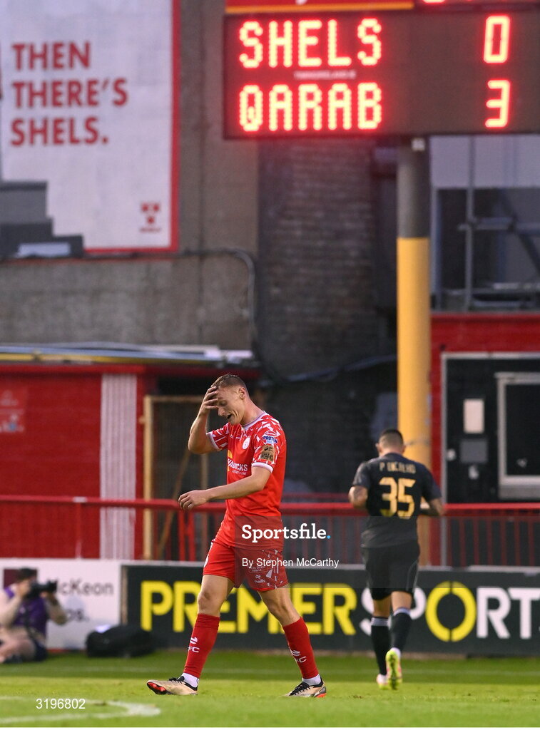 23 July 2025; JJ Lunney of Shelbourne reacts after conceding a third goal during the UEFA Champions League Second Qualifying Round first leg match between Shelbourne and Qarabag FK at Tolka Park in Dublin. Photo by Stephen McCarthy/Sportsfile