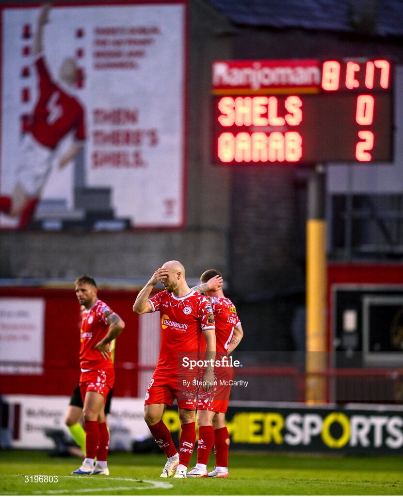 23 July 2025; Kerr McInroy of Shelbourne reacts after conceding a second goal during the UEFA Champions League Second Qualifying Round first leg match between Shelbourne and Qarabag FK at Tolka Park in Dublin. Photo by Stephen McCarthy/Sportsfile