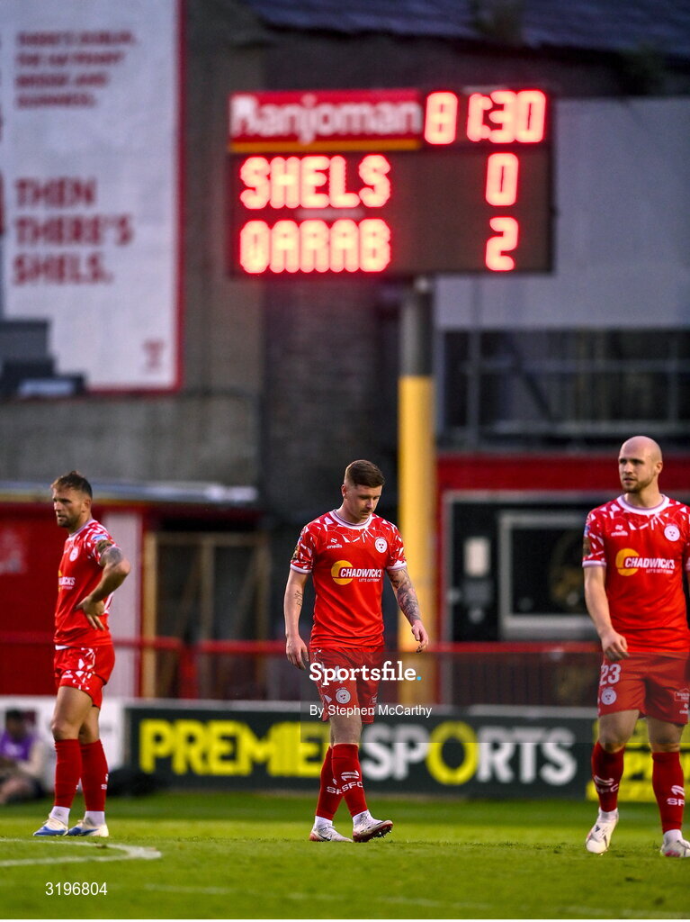23 July 2025; Kameron Ledwidge of Shelbourne reacts after his side conceded a second goal during the UEFA Champions League Second Qualifying Round first leg match between Shelbourne and Qarabag FK at Tolka Park in Dublin. Photo by Stephen McCarthy/Sportsfile