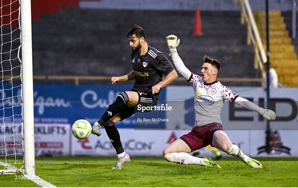 23 July 2025; Nariman Akhundzade of Qarabag scores his side's third goal despite the efforts of Shelbourne goalkeeper Lorcan Healy during the UEFA Champions League Second Qualifying Round first leg match between Shelbourne and Qarabag FK at Tolka Park in Dublin. Photo by Ben McShane/Sportsfile