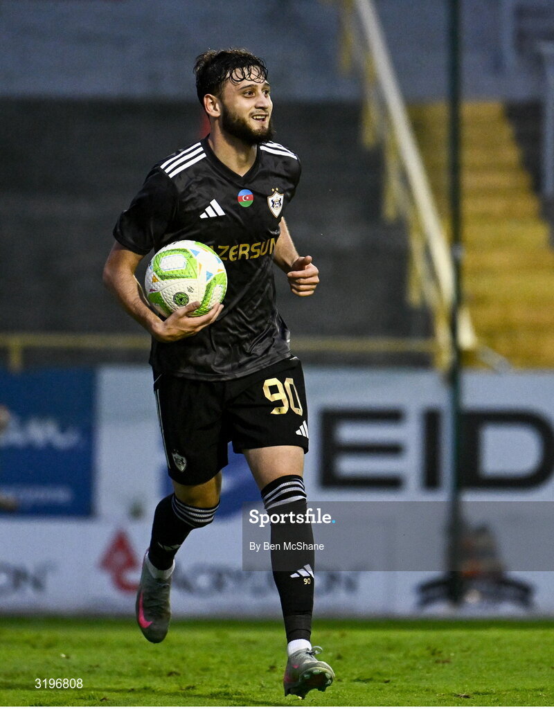 23 July 2025; Nariman Akhundzade of Qarabag celebrates after scoring his side's third goal during the UEFA Champions League Second Qualifying Round first leg match between Shelbourne and Qarabag FK at Tolka Park in Dublin. Photo by Ben McShane/Sportsfile