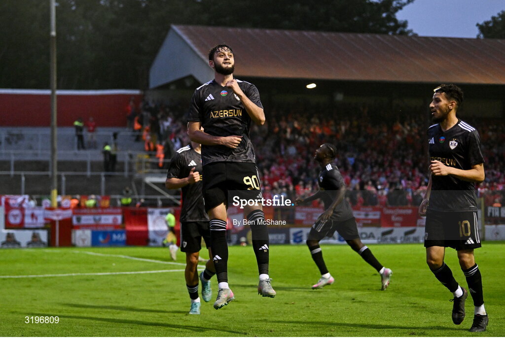 23 July 2025; Nariman Akhundzade of Qarabag, centre, celebrates after scoring his side's third goal during the UEFA Champions League Second Qualifying Round first leg match between Shelbourne and Qarabag FK at Tolka Park in Dublin. Photo by Ben McShane/Sportsfile