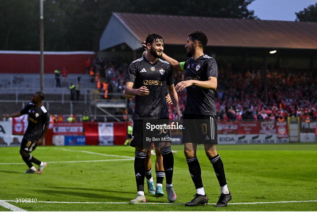 23 July 2025; Nariman Akhundzade of Qarabag, left, celebrates with teammate Abdellah Zoubir after scoring their side's third goal during the UEFA Champions League Second Qualifying Round first leg match between Shelbourne and Qarabag FK at Tolka Park in Dublin. Photo by Ben McShane/Sportsfile