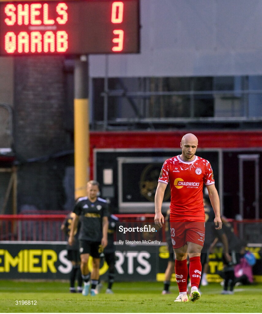 23 July 2025; Kerr McInroy of Shelbourne reacts after conceding a third goal during the UEFA Champions League Second Qualifying Round first leg match between Shelbourne and Qarabag FK at Tolka Park in Dublin. Photo by Stephen McCarthy/Sportsfile