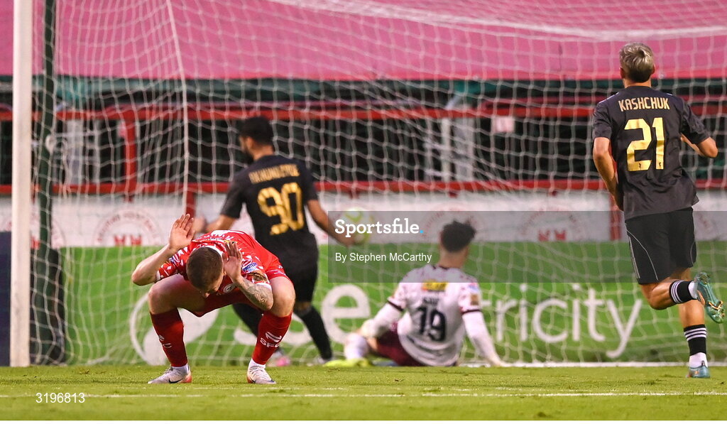 23 July 2025; Kameron Ledwidge of Shelbourne reacts after conceding a third goal during the UEFA Champions League Second Qualifying Round first leg match between Shelbourne and Qarabag FK at Tolka Park in Dublin. Photo by Stephen McCarthy/Sportsfile