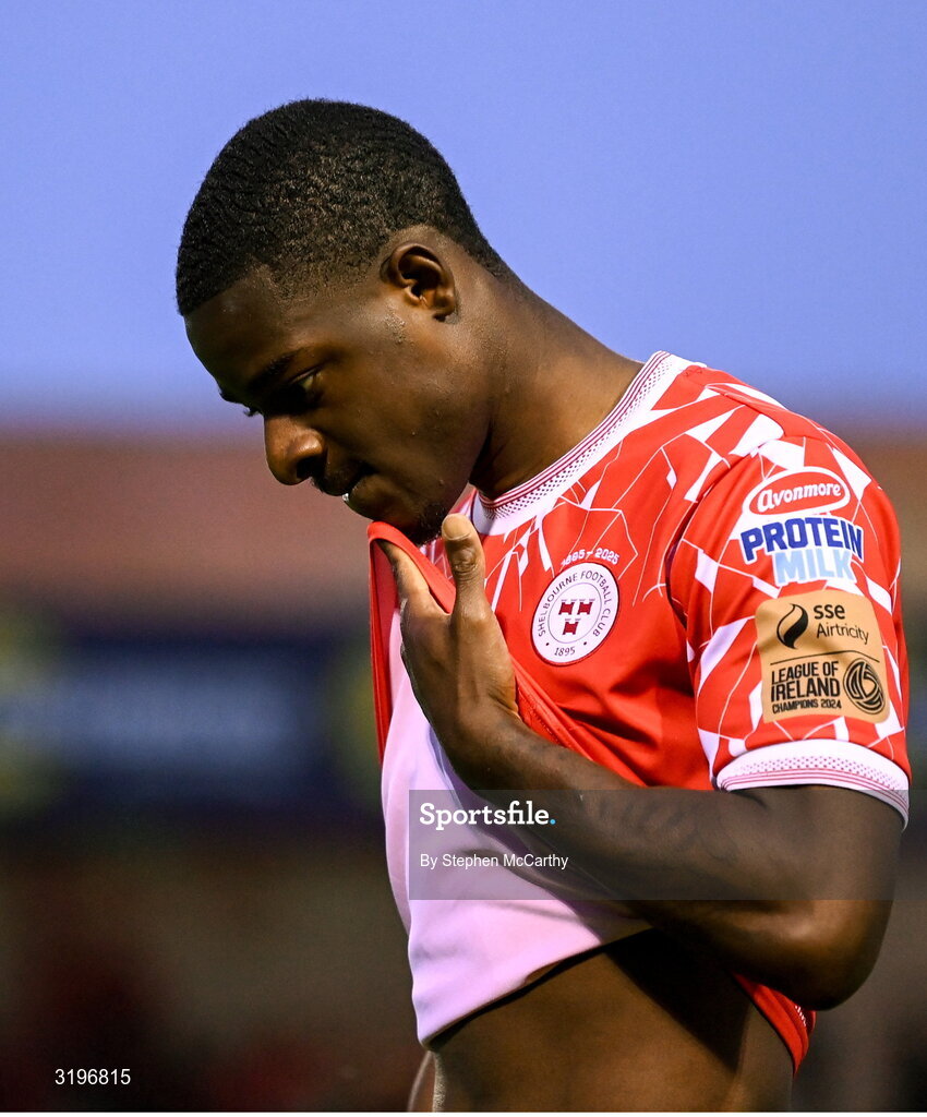 23 July 2025; Mipo Odubeko of Shelbourne dejected after his side's defeat in the UEFA Champions League Second Qualifying Round first leg match between Shelbourne and Qarabag FK at Tolka Park in Dublin. Photo by Stephen McCarthy/Sportsfile