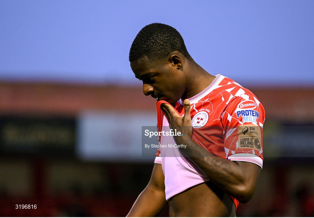 23 July 2025; Mipo Odubeko of Shelbourne dejected after his side's defeat in the UEFA Champions League Second Qualifying Round first leg match between Shelbourne and Qarabag FK at Tolka Park in Dublin. Photo by Stephen McCarthy/Sportsfile