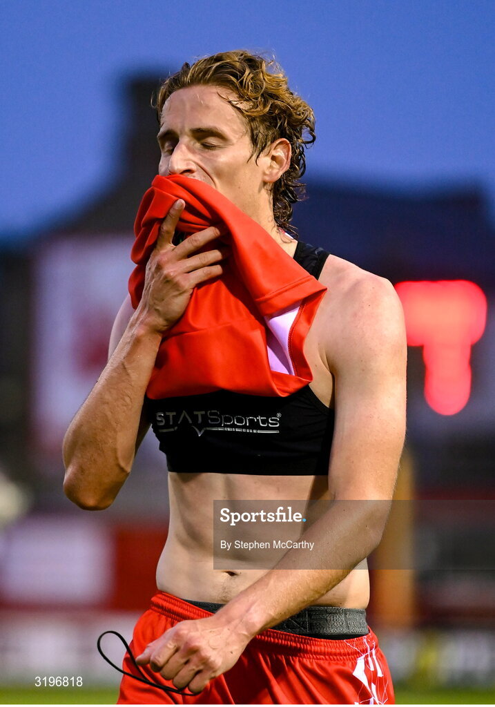 23 July 2025; Harry Wood of Shelbourne dejected after his side's defeat in the UEFA Champions League Second Qualifying Round first leg match between Shelbourne and Qarabag FK at Tolka Park in Dublin. Photo by Stephen McCarthy/Sportsfile