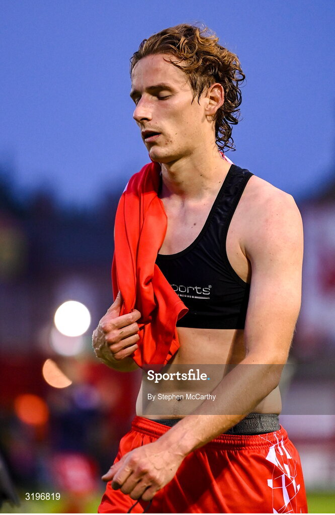23 July 2025; Harry Wood of Shelbourne dejected after his side's defeat in the UEFA Champions League Second Qualifying Round first leg match between Shelbourne and Qarabag FK at Tolka Park in Dublin. Photo by Stephen McCarthy/Sportsfile