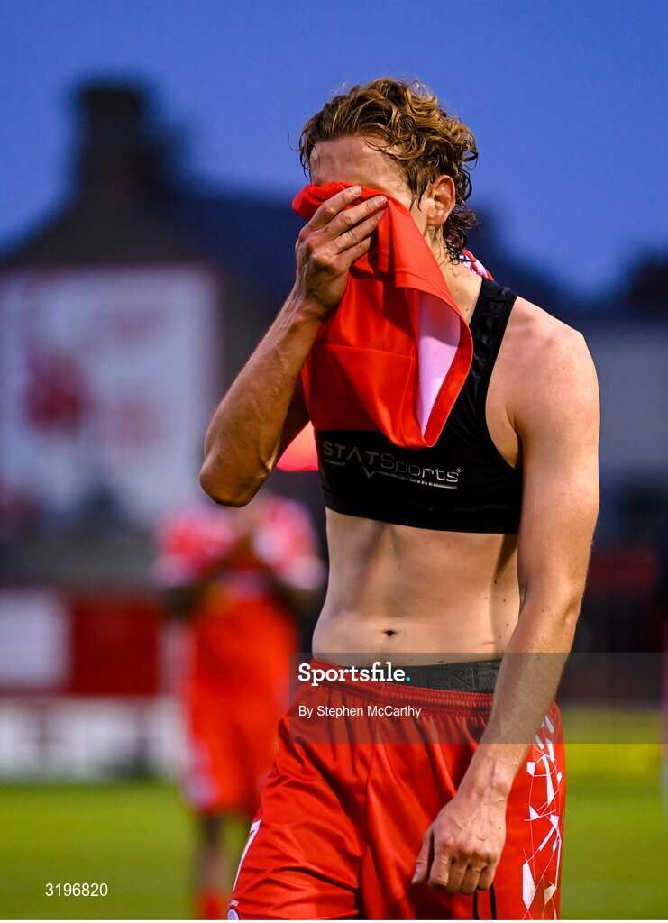 23 July 2025; Harry Wood of Shelbourne dejected after his side's defeat in the UEFA Champions League Second Qualifying Round first leg match between Shelbourne and Qarabag FK at Tolka Park in Dublin. Photo by Stephen McCarthy/Sportsfile