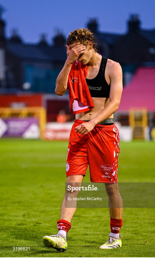 23 July 2025; Harry Wood of Shelbourne dejected after his side's defeat in the UEFA Champions League Second Qualifying Round first leg match between Shelbourne and Qarabag FK at Tolka Park in Dublin. Photo by Stephen McCarthy/Sportsfile