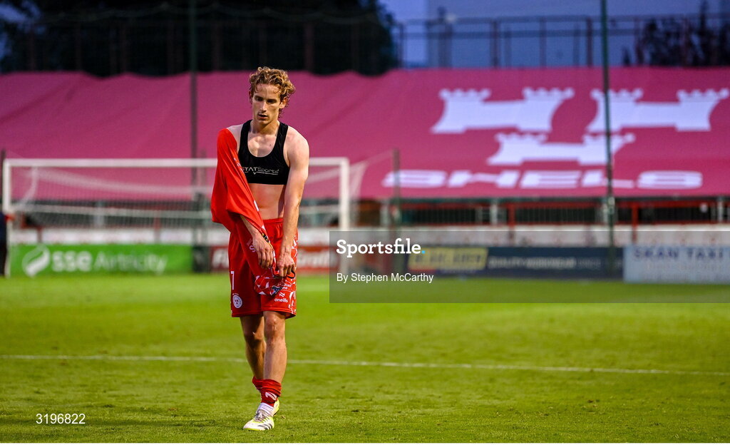 23 July 2025; Harry Wood of Shelbourne dejected after his side's defeat in the UEFA Champions League Second Qualifying Round first leg match between Shelbourne and Qarabag FK at Tolka Park in Dublin. Photo by Stephen McCarthy/Sportsfile