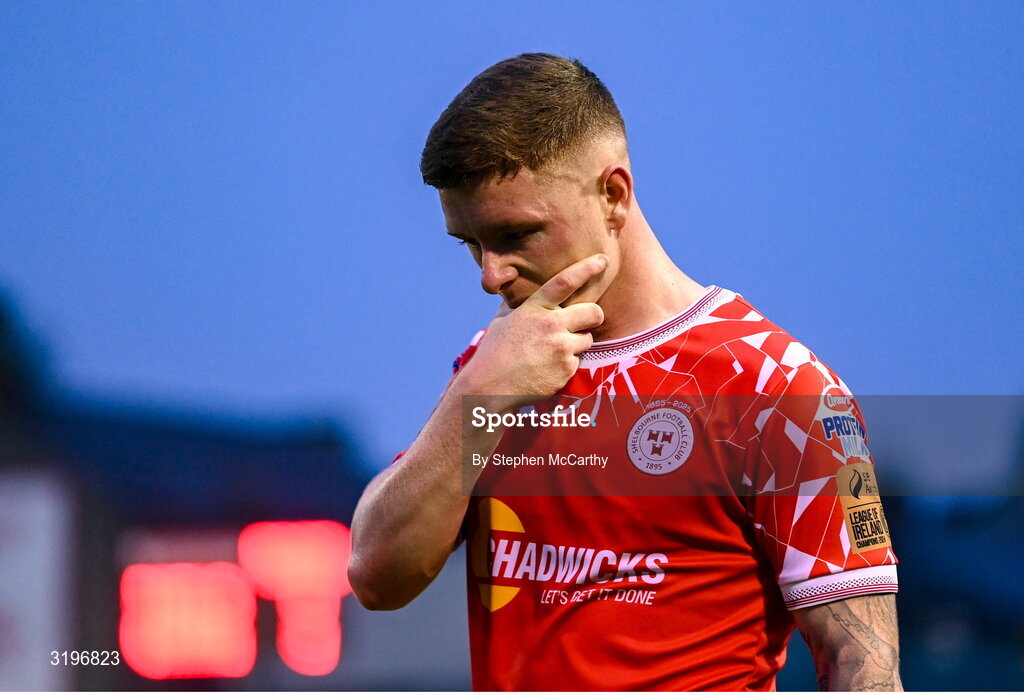 23 July 2025; Kameron Ledwidge of Shelbourne dejected after his side's defeat in the UEFA Champions League Second Qualifying Round first leg match between Shelbourne and Qarabag FK at Tolka Park in Dublin. Photo by Stephen McCarthy/Sportsfile