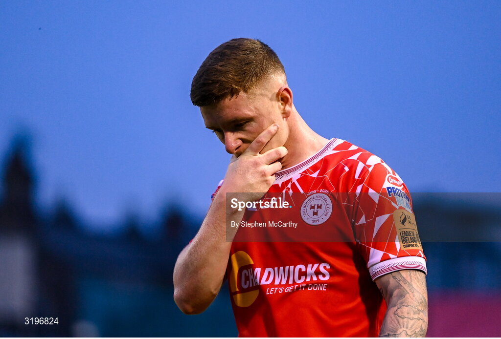 23 July 2025; Kameron Ledwidge of Shelbourne dejected after his side's defeat in the UEFA Champions League Second Qualifying Round first leg match between Shelbourne and Qarabag FK at Tolka Park in Dublin. Photo by Stephen McCarthy/Sportsfile