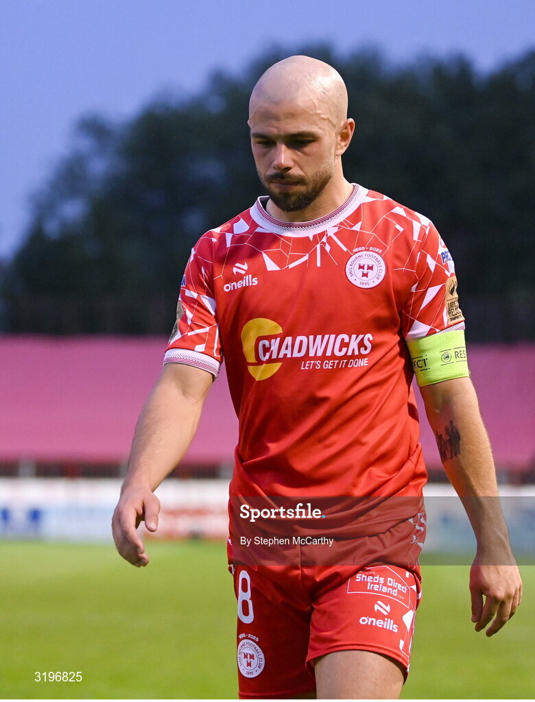 23 July 2025; Mark Coyle of Shelbourne dejected after his side's defeat in the UEFA Champions League Second Qualifying Round first leg match between Shelbourne and Qarabag FK at Tolka Park in Dublin. Photo by Stephen McCarthy/Sportsfile