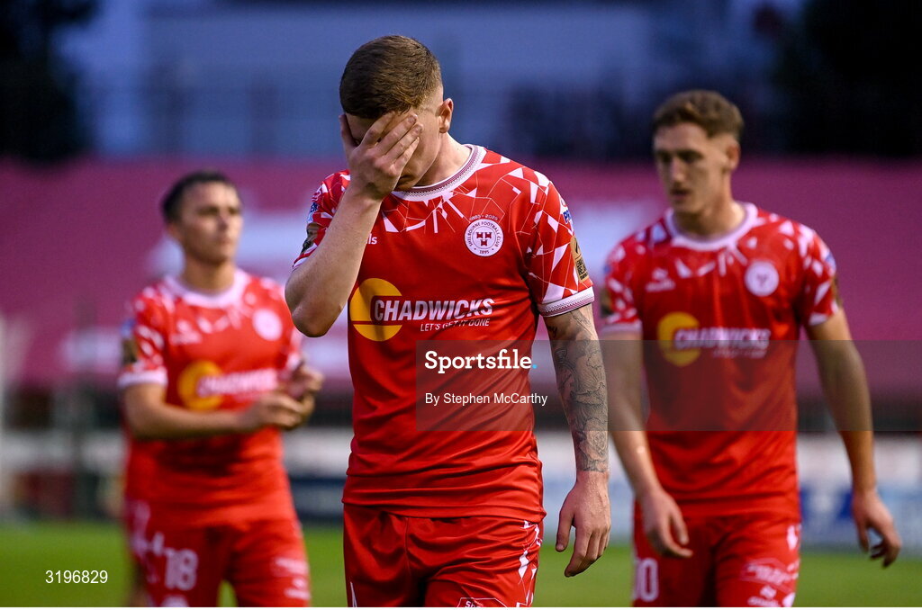 23 July 2025; Kameron Ledwidge of Shelbourne dejected after his side's defeat in the UEFA Champions League Second Qualifying Round first leg match between Shelbourne and Qarabag FK at Tolka Park in Dublin. Photo by Stephen McCarthy/Sportsfile