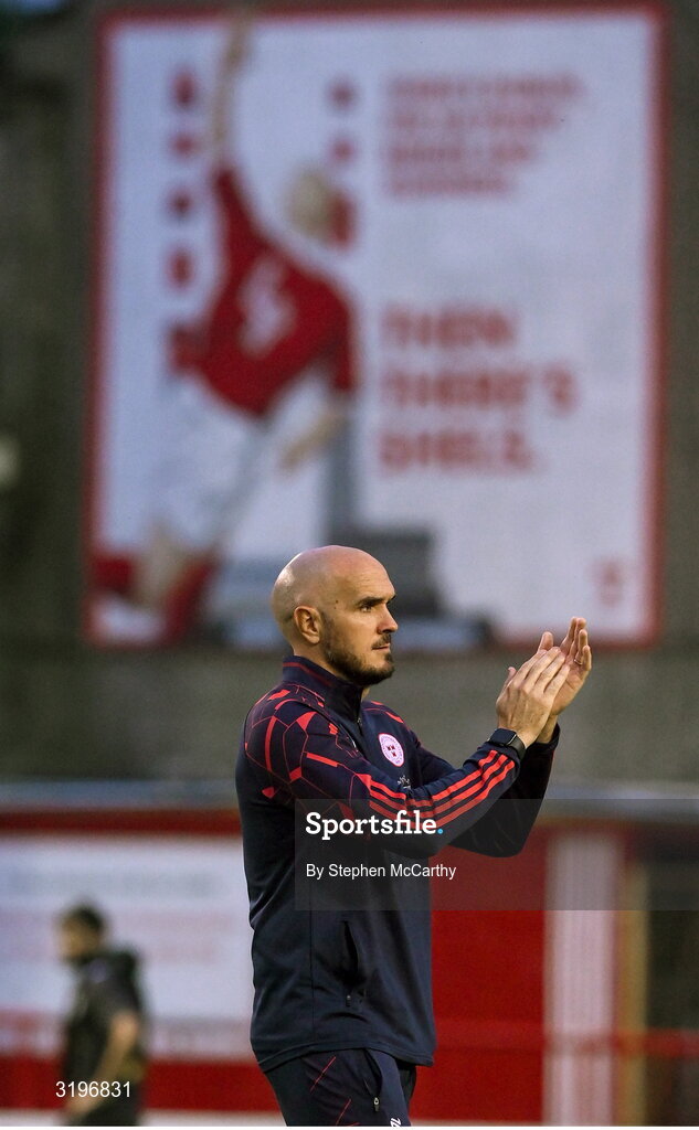 23 July 2025; Shelbourne head coach Joey O'Brien applauds the supporters after his side's defeat in the UEFA Champions League Second Qualifying Round first leg match between Shelbourne and Qarabag FK at Tolka Park in Dublin. Photo by Stephen McCarthy/Sportsfile