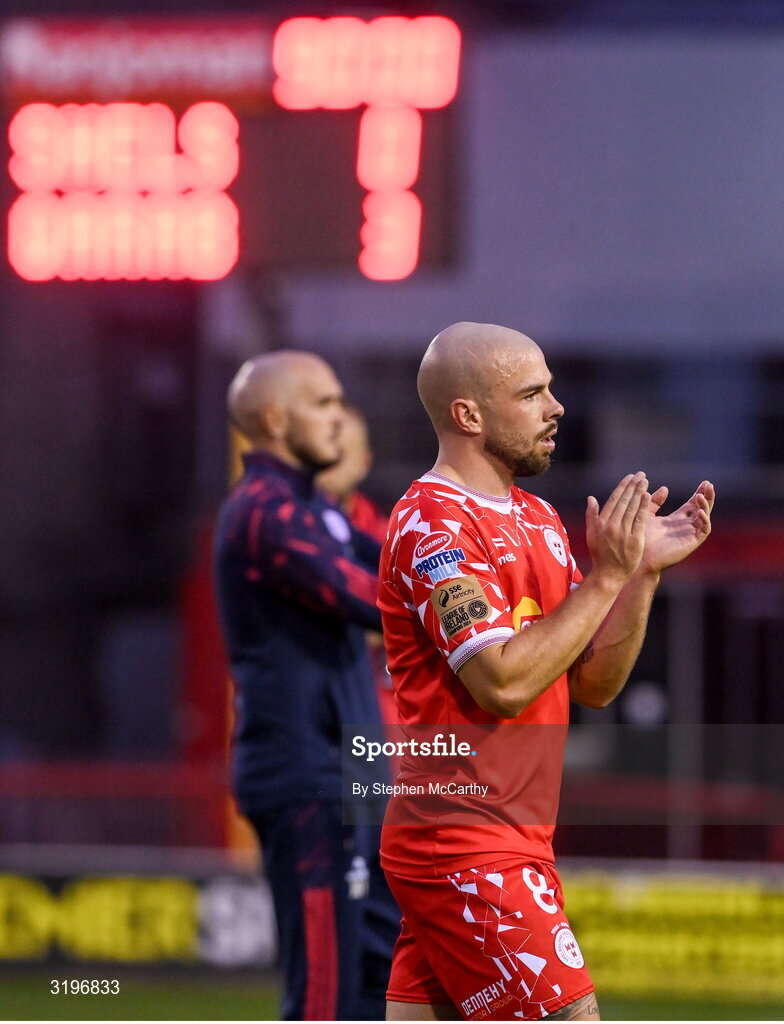 23 July 2025; Mark Coyle of Shelbourne applauds the supporters after his side's defeat in the UEFA Champions League Second Qualifying Round first leg match between Shelbourne and Qarabag FK at Tolka Park in Dublin. Photo by Stephen McCarthy/Sportsfile