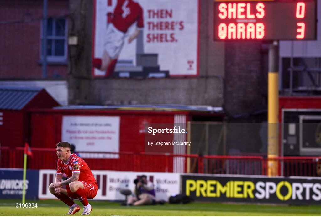 23 July 2025; Kameron Ledwidge of Shelbourne dejected after his side's defeat in the UEFA Champions League Second Qualifying Round first leg match between Shelbourne and Qarabag FK at Tolka Park in Dublin. Photo by Stephen McCarthy/Sportsfile