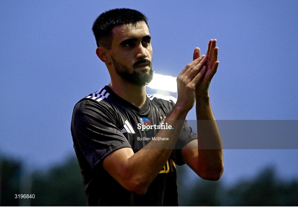 23 July 2025; Tural Bayramov of Qarabag applauds the supporters after his side's victory in the UEFA Champions League Second Qualifying Round first leg match between Shelbourne and Qarabag FK at Tolka Park in Dublin. Photo by Ben McShane/Sportsfile