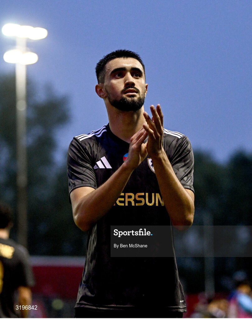 23 July 2025; Tural Bayramov of Qarabag applauds the supporters after his side's victory in the UEFA Champions League Second Qualifying Round first leg match between Shelbourne and Qarabag FK at Tolka Park in Dublin. Photo by Ben McShane/Sportsfile