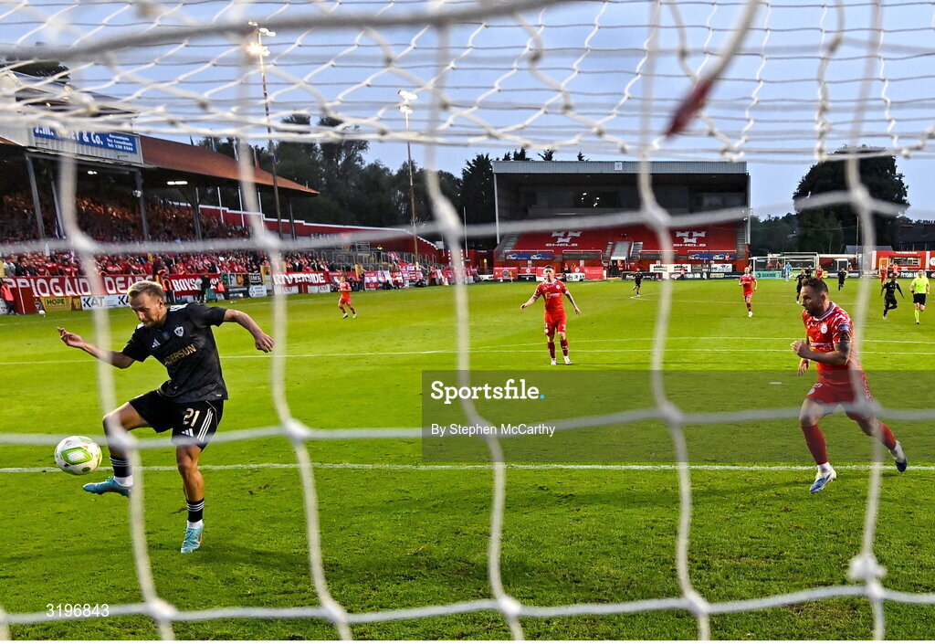 23 July 2025; Olexiy Kashchuk of Qarabag scores his side's second goal during the UEFA Champions League Second Qualifying Round first leg match between Shelbourne and Qarabag FK at Tolka Park in Dublin. Photo by Stephen McCarthy/Sportsfile