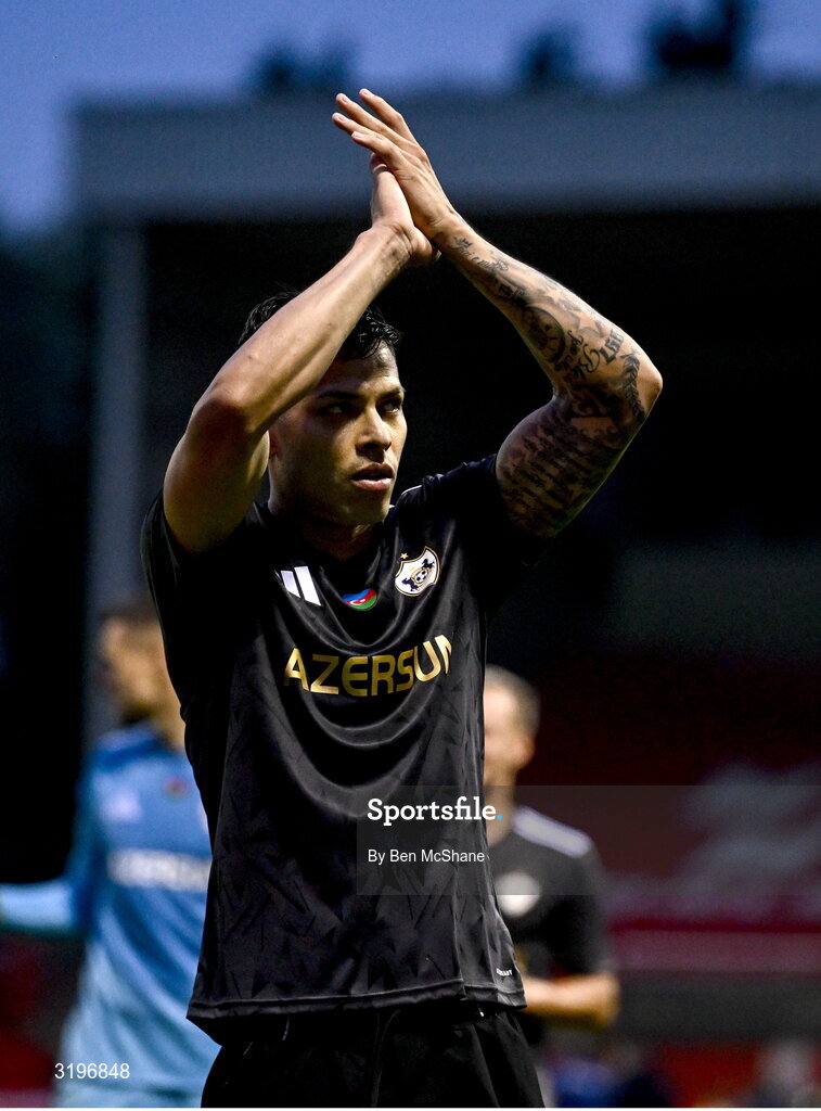 23 July 2025; Matheus Silva of Qarabag applauds the supporters after their side's victory in the UEFA Champions League Second Qualifying Round first leg match between Shelbourne and Qarabag FK at Tolka Park in Dublin. Photo by Ben McShane/Sportsfile