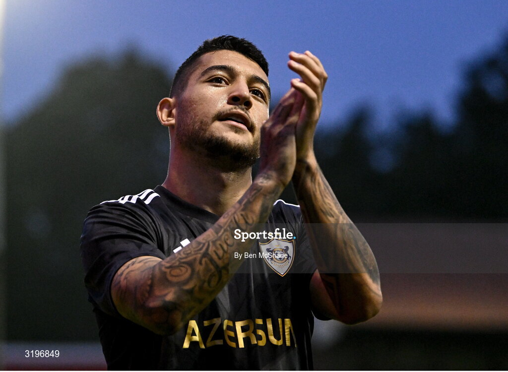 23 July 2025; Pedro Bicalho of Qarabag applauds the supporters after their side's victory in the UEFA Champions League Second Qualifying Round first leg match between Shelbourne and Qarabag FK at Tolka Park in Dublin. Photo by Ben McShane/Sportsfile