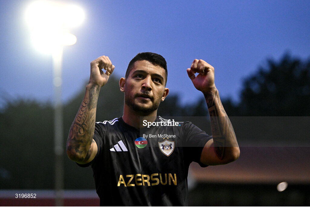 23 July 2025; Pedro Bicalho of Qarabag celebrates after his side's victory in the UEFA Champions League Second Qualifying Round first leg match between Shelbourne and Qarabag FK at Tolka Park in Dublin. Photo by Ben McShane/Sportsfile