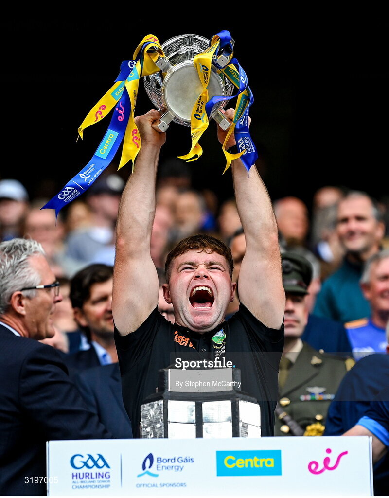 20 July 2025; Danny Slattery of Tipperary lifts the Liam MacCarthy Cup after the GAA Hurling All-Ireland Senior Championship final match between Cork and Tipperary at Croke Park in Dublin. Photo by Stephen McCarthy/Sportsfile