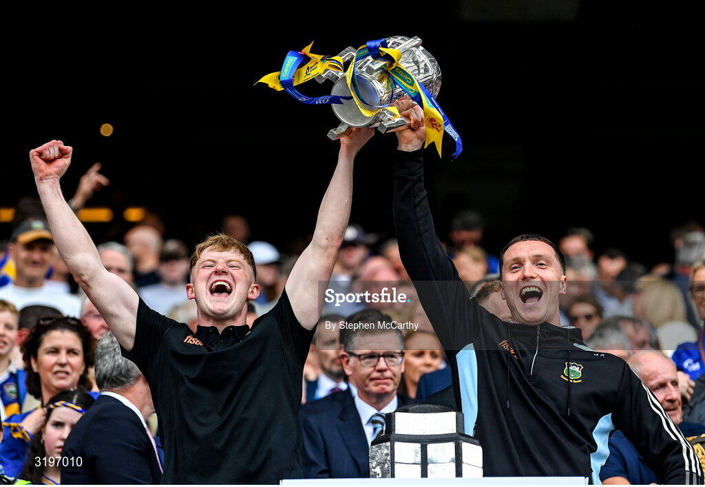 20 July 2025; Mikey Corcoran and Joe Fogarty of Tipperary lifts the Liam MacCarthy Cup after the GAA Hurling All-Ireland Senior Championship final match between Cork and Tipperary at Croke Park in Dublin. . Photo by Stephen McCarthy/Sportsfile