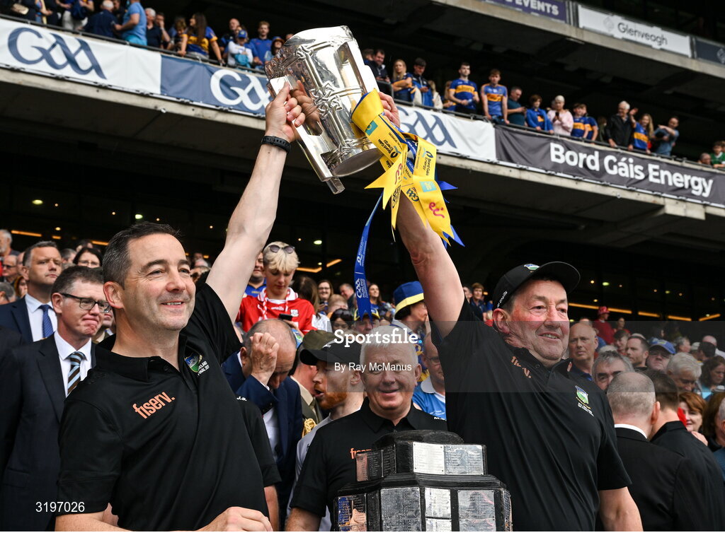 20 July 2025; Tipperary coach Michael Bevans and selector TJ Ryan lift the Liam MacCarthy Cup after the GAA Hurling All-Ireland Senior Championship final match between Cork and Tipperary at Croke Park in Dublin. Photo by Ray McManus/Sportsfile